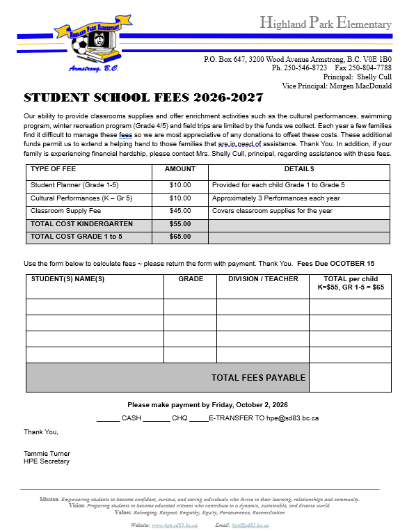 School Supply Fee Notice 2026 2027
